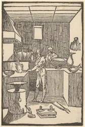 Vulkan an der Esse bei der Herstellung kleiner Geräte, Blatt 8 der Folge "De la Pirotechnia"