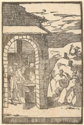 Vulkan und der Philosoph (Teoria) arbeiten in der Schmiede, während draußen die Metalle sich in den Felsen verstecken, Blatt 1 der Folge "De la Pirotechnia"