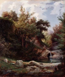 Landschaft der Natur, Unterholz und Bach mit Wasserfall