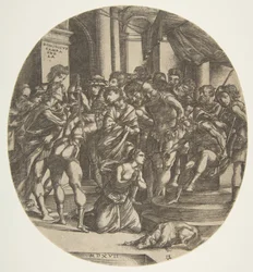 Weibliche Figur, die heilige Katharina kniet auf dem Boden und fleht eine männliche Figur an, 1517
