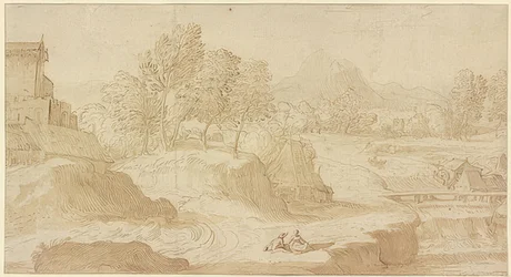 Figürliche Landschaft, rechts ein Fluss mit einer Brücke bei Mühlen, vorn zwei sitzende Figuren
