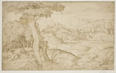 Landschaft mit einer Stadt und einem schlafenden Hirten
