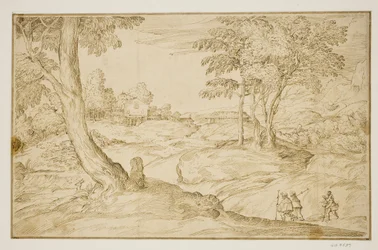 Landschaft mit Pilgern, die sich einer Kirche nähern