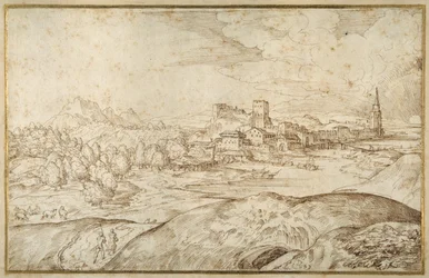Gebirgige Landschaft mit einem Fluss und einer befestigten Stadt mit einem Turm mit Spitze