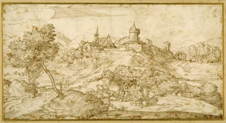 Gebirgige Landschaft mit einer ummauerten Hügelstadt: ein Hirte wird angesprochen, während er seine Herde hütet