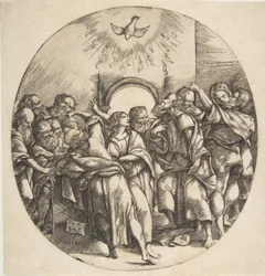 Der Heilige Geist als Vogel, der mit ausgebreiteten Flügeln herabsteigt, die zwölf Apostel ..., 1518