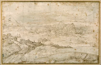Waldlandschaft mit einem gewundenen Fluss; in der Ferne eine Stadt, eine Mischung aus Türmen und Kuppeln mit antiken Ruinen