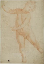 Putto auf rechtem Bein balancierend (recto); Skizze eines drapierten Arms (verso)