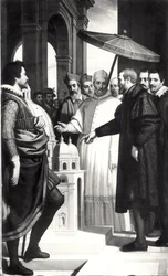 Michelangelo (1475-1564) präsentiert Papst Paul IV. (1476-1559) ein Modell der Kuppel von St. Peter
