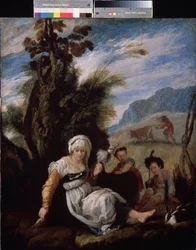 Adam und Eva, Adam arbeitet auf dem Feld und abends mit ihren zwei Kindern Abel und Kain