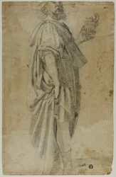 Stehender Magus (recto); Skizze von Stall und Bäumen (verso)