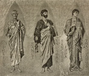Heilige Petrus, Andreas und Judas der Apostel, Kartons von Domenico Morelli für Mosaik in der Kathedrale von Amalfi, Italien, Zeichnung von P. Scoppetta, Gravur aus L