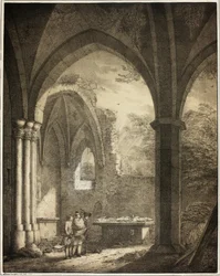 Ruine der Kirche Unserer Lieben Frau mit den Grabsteinen von Genevieve und dem Pfalzgrafen Siegfried im Moseltal bei Andernach, aus der Sammlung denkwürdiger mittelalterlicher Gebäude in Deutschland