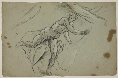 Nackte Frau mit einem Stück Stoff in den Händen, die hastig ein Zelt verlässt