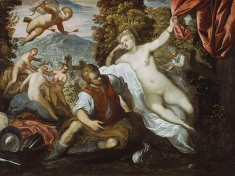 Venus und Mars mit Amor und den drei Grazien in einer Landschaft, 1590-95