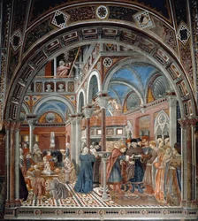 Ansicht des Waisenhauses Santa Maria della Scala in Siena. Links kümmern sich die Ammen um die verlassenen Kinder, rechts eine schwangere Frau, die zur Heirat gezwungen wird. Fresko von Domenico di Bartolo (aktiv zwischen 1428 und 1447) Spedale di Santa Ma