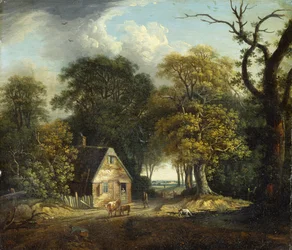 Eine bewaldete Landschaft mit einem Treiber und Vieh bei einer Hütte
