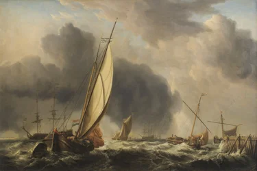Fischerboote und Kriegsschiff in einer Brise an der Mündung eines Flusses, 1771