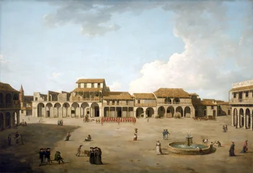 Havanna-Platz (Kuba), August und September 1762, unter britischer Besatzung mit einer Truppe von Soldaten in roten Uniformen, Beschreibung der Gebäude und einige englische Matrosen in der Nähe des Brunnens