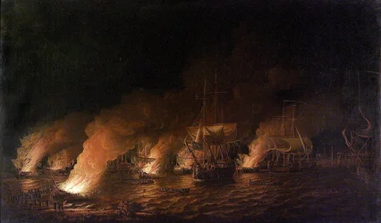 Krieg der Sieben Jahre (1756-1763): Französische Kriegsschiffe greifen die britische Flotte vor Quebec City (Kanada) in der Nacht vom 28. Juni 1759 an