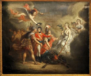 Der Frieden von Amiens. Vertrag unterzeichnet am 25. März 1802 zwischen dem Vereinigten Königreich und seinen Verbündeten dem Osmanischen Reich einerseits und Frankreich, Spanien und Holland andererseits. Das Gemälde zeigt Napoleon I. Bonaparte, gekrönt vo