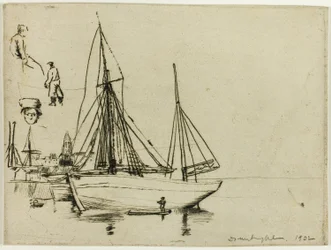 Skizze von Fischerbooten und Seeleuten