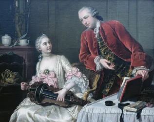 Porträt von Monsieur und Madame de Corcelles beim Musizieren in einem Innenraum