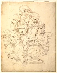 Zeichnung, Fantasie aus Köpfen und einer skulptierten Urne, ca. 1730