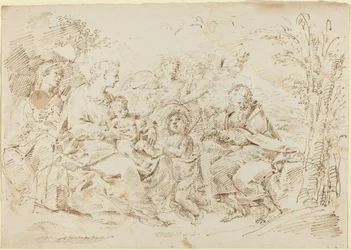 Heilige Familie mit St. Elisabeth, St. Johannes dem Täufer und zwei Engeln in einer Landschaft