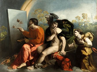 Jupiter, Merkur und die Tugend Jupiter beim Malen von Schmetterlingen