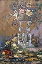 Blumen in einer Vase auf einem Stand mit Spargel, Hummern, Austern und Fisch