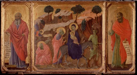 Leben Christi: Flucht nach Ägypten mit den Propheten Jeremia und Hosea. Predella der Maestà