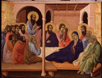 Maria verlässt die Apostel. Predella von La Maestà