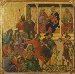 Der Kindermord von Bethlehem, Detail aus der Predella von Duccios Maestà-Altarbild im Dom von Siena
