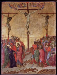 Die Kreuzigung. An den Seiten der gute Dieb (Dismas) und der unbußfertige Dieb (Gestas). Maestà-Altarbild