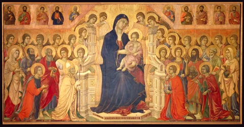 Thronende Jungfrau mit Kind, umgeben von Engeln und Heiligen, zentrales Panel der Maestà