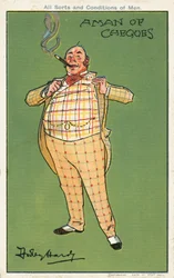 Ein Mann der Schecks: ein dicker wohlhabender Mann in einem karierten Anzug (Chromolithografie)