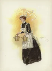 Hotelmädchen, das zwei Wasserkanister trägt