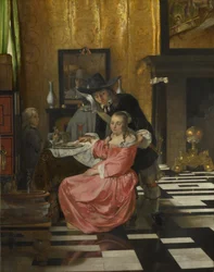 Ein Interieur, mit einer Frau, die ein Glas Wein ablehnt, ca. 1660