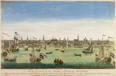Eine Gesamtansicht des Hafens und der Stadt Amsterdam, Gravur von D.G. Hucquier, 16. Jahrhundert