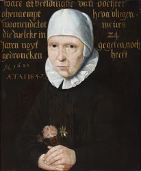 Porträt einer Dame mit einer schwarz-weißen Haube, die einen Blumenstrauß hält