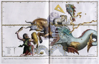 Himmelskarte der Sternbilder: Orion, Stier, Widder und Fische, 1666-1668
