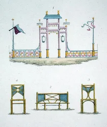 Chinesisches Tor und Gartensitze, aus 
