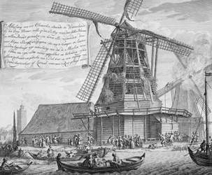Feuerbekämpfung in einer Windmühle in der Nähe von Worden, aus einem Buch über die Brandbekämpfung in Holland, veröffentlicht um 1700