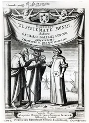 Frontispiz von Dialogus De Systemate Mundi von Galileo (1564-1642), veröffentlicht in Leiden 1635