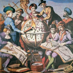 Frontispiz des niederländischen Kartenatlas, zeigt eine Gruppe von Kartographen und Instrumenten, ca. 1710