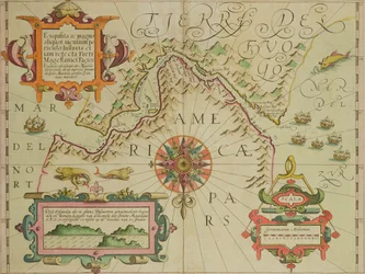 Karte der Magellanstraße, Patagonien, aus dem Mercator-Atlas veröffentlicht von Jodocus Hondius (1563-1612) Amsterdam, 1606