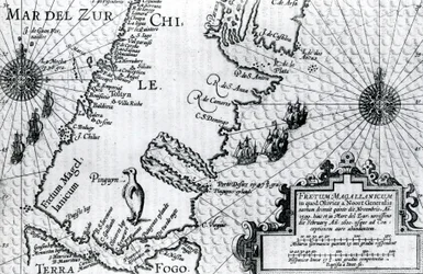 Karte der Magellanstraße, Platte aus Oliver van Noorts Beschreibung seiner Reise, 1602