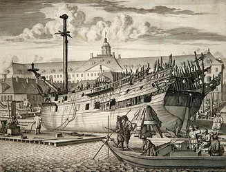 Schiff, das vor dem Marinearsenal der Niederländischen Ostindien-Kompanie in Brand geriet
