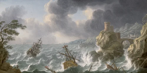 Schiffswrack in einem Sturm vor einer felsigen Küste